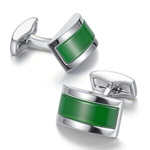 Green Cat Eye Stone Cufflinks Bridged Silver Men Suit Accessories Wedding Groom